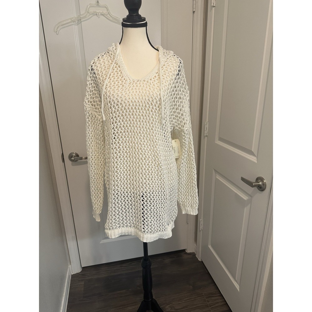 Artelier Nicole Miller White‎ Open Knit Hoodie Sweater Swimsuit Cover Up L